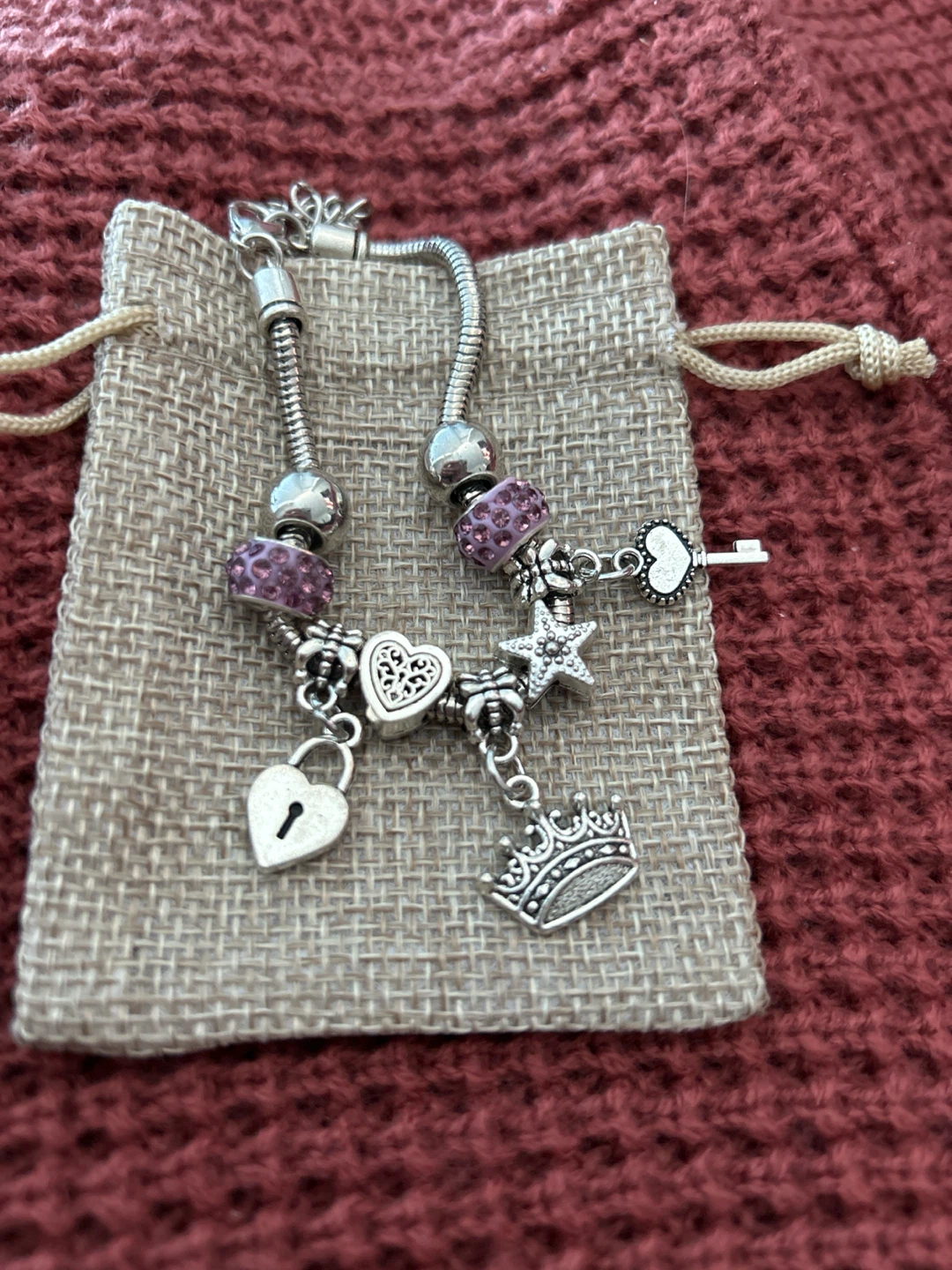 Charm Bracelet with Crown, Heart, Lock, and Key Dangles