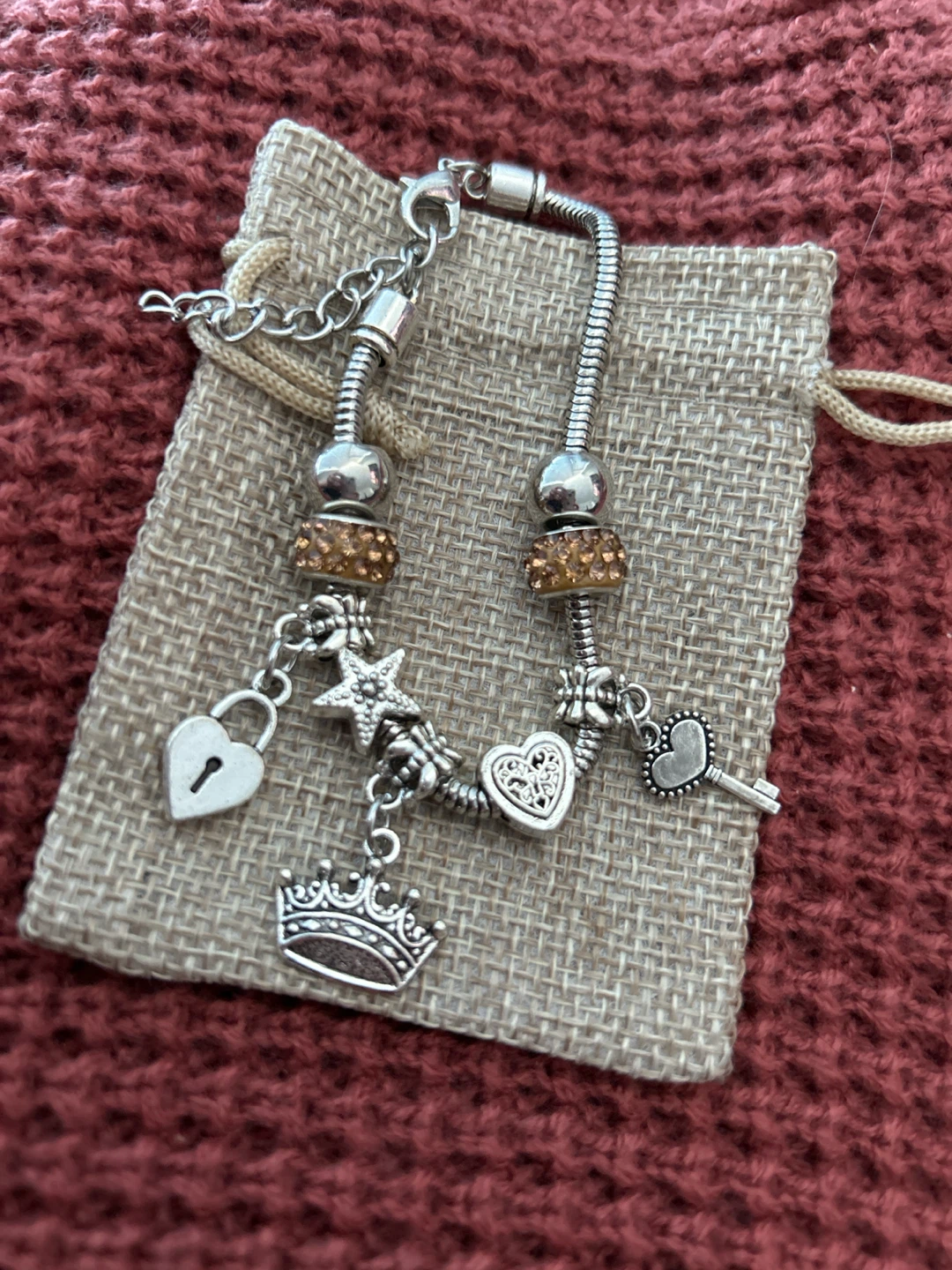 Charm Bracelet with Crown, Heart, Lock, Key, and Star Charms