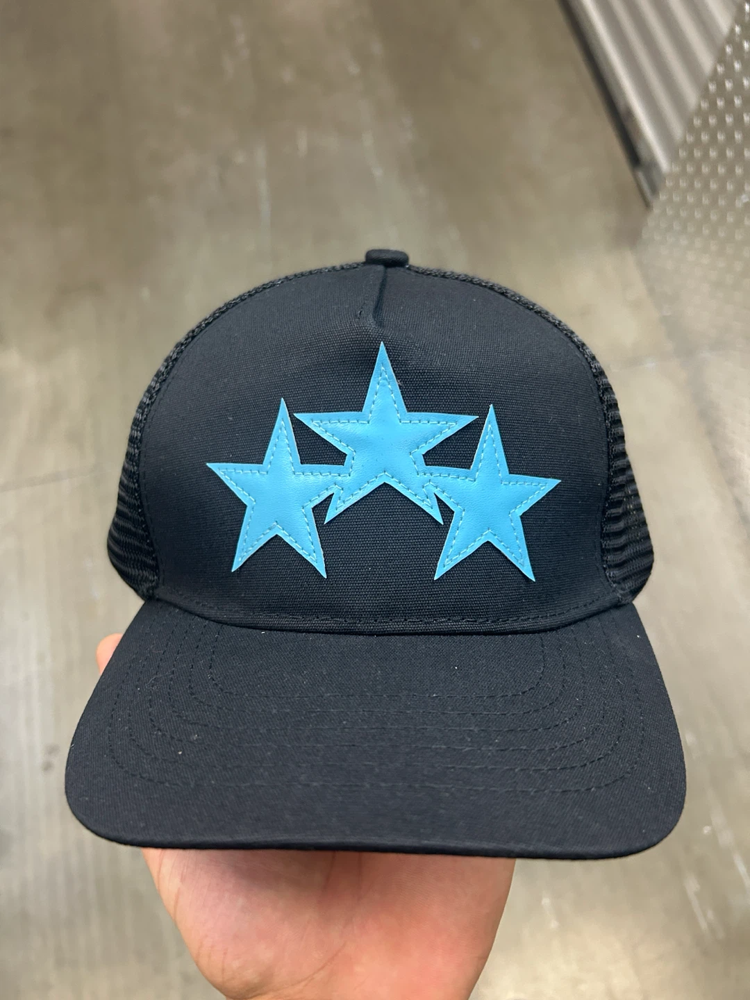 Amiri Black Trucker Hat with Blue Stars