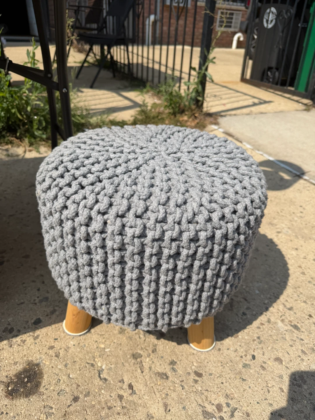 Gray Crochet Pouf Ottoman with Wooden Legs