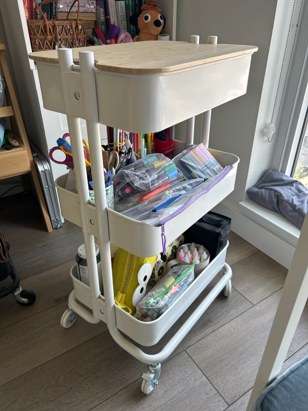 White Rolling Cart with Bamboo Top