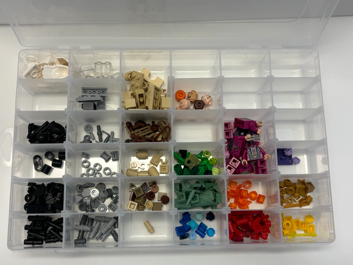 Lego men and parts with organizer storage box