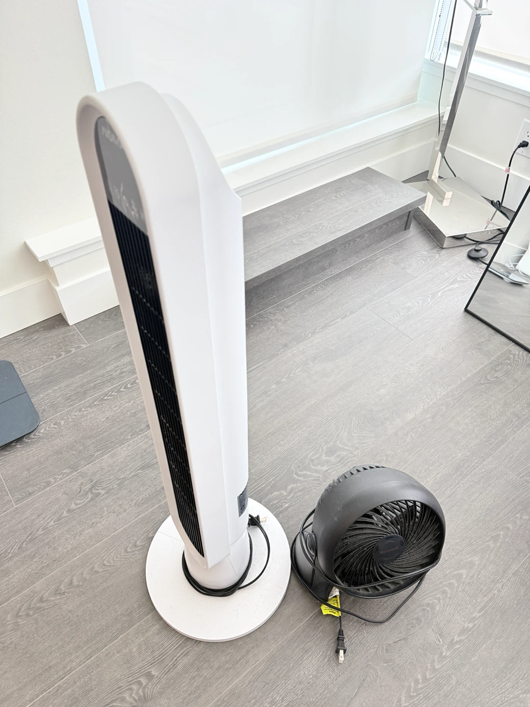 White Tower Fan and Black Personal Fan