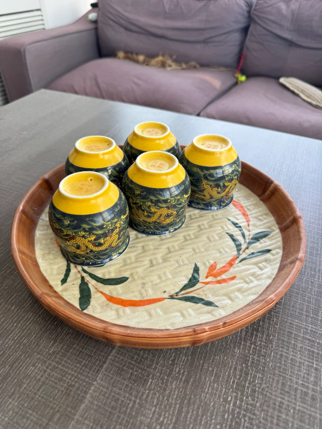 Set of 5 Ceramic Tea Cups with Tray