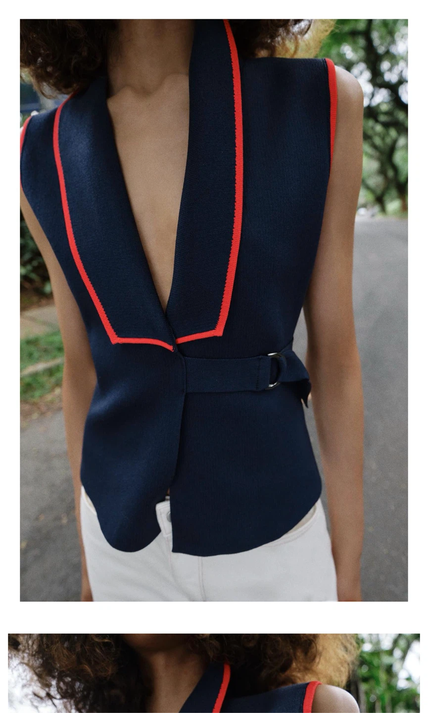 ZARA Navy & Red Trim Buckle Vest - Size S - photo 3