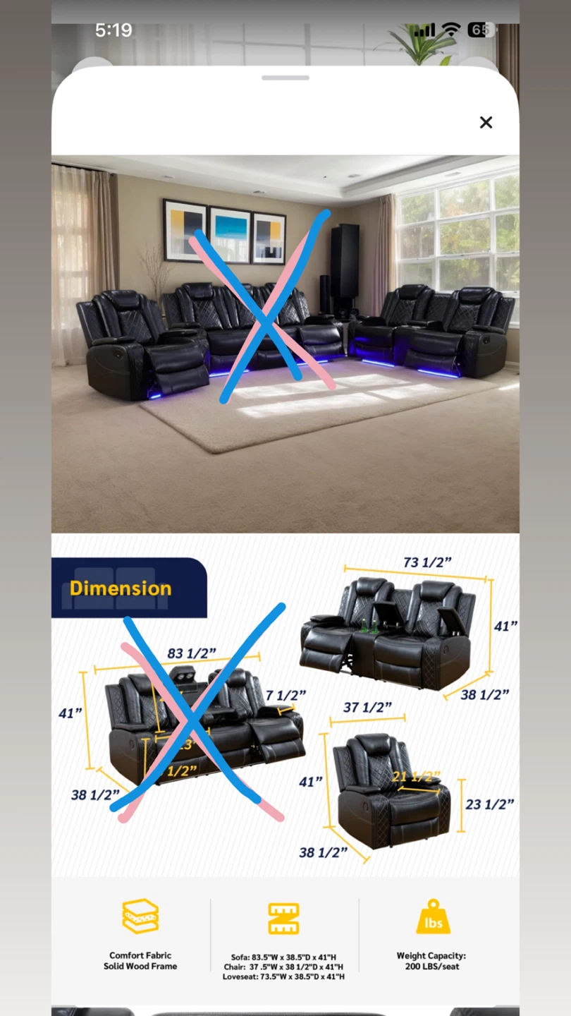 Black Leather Power Reclining Sectional Sofa with LED Lights