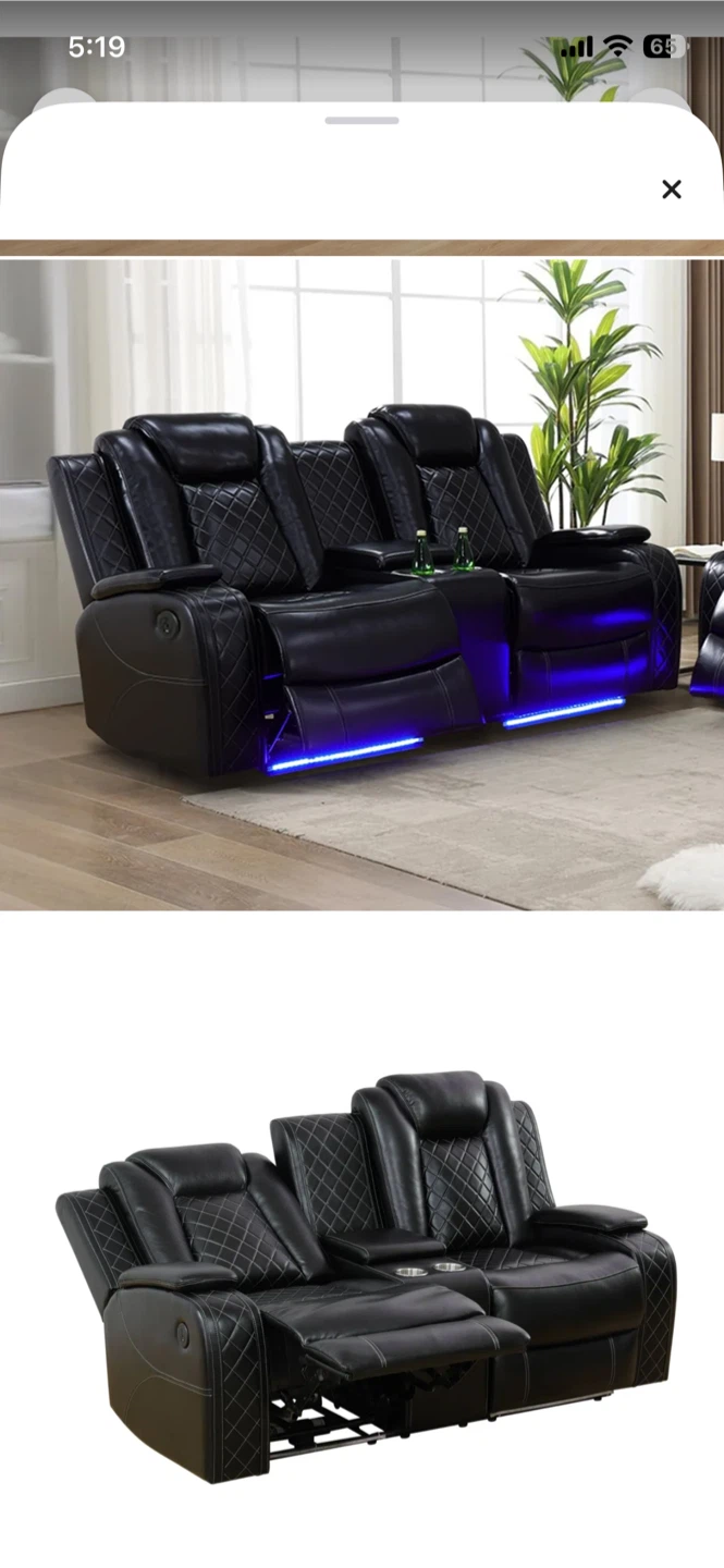 Black Leather Power Reclining Sectional Sofa with LED Lights - photo 2