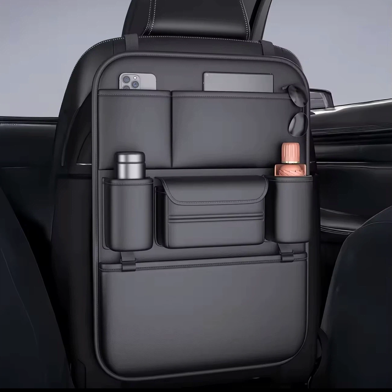 Black Car Seat Organizer with Multiple Pockets