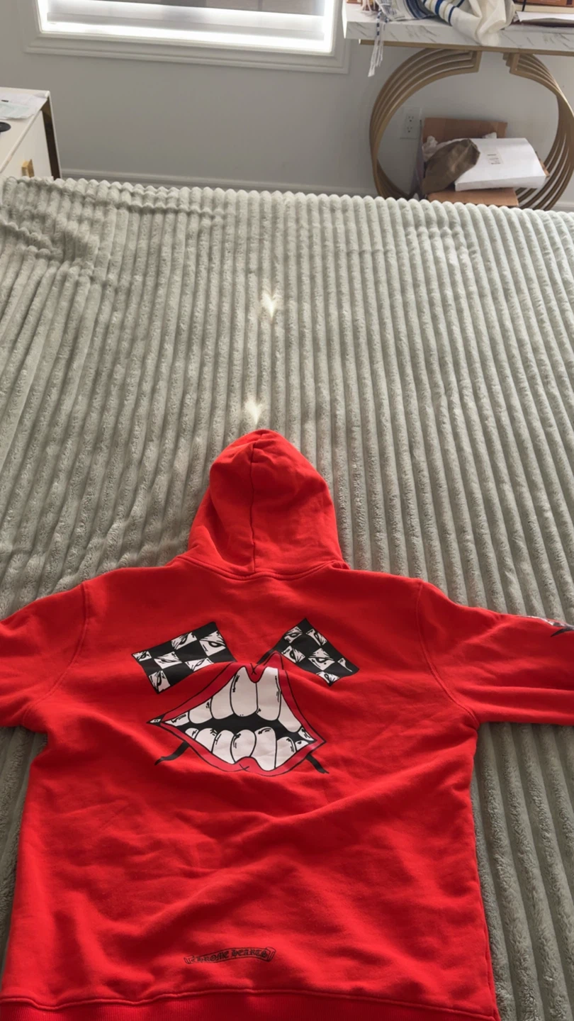 Chrome Hearts Red Hoodie with Lip & Checkered Flag Graphic