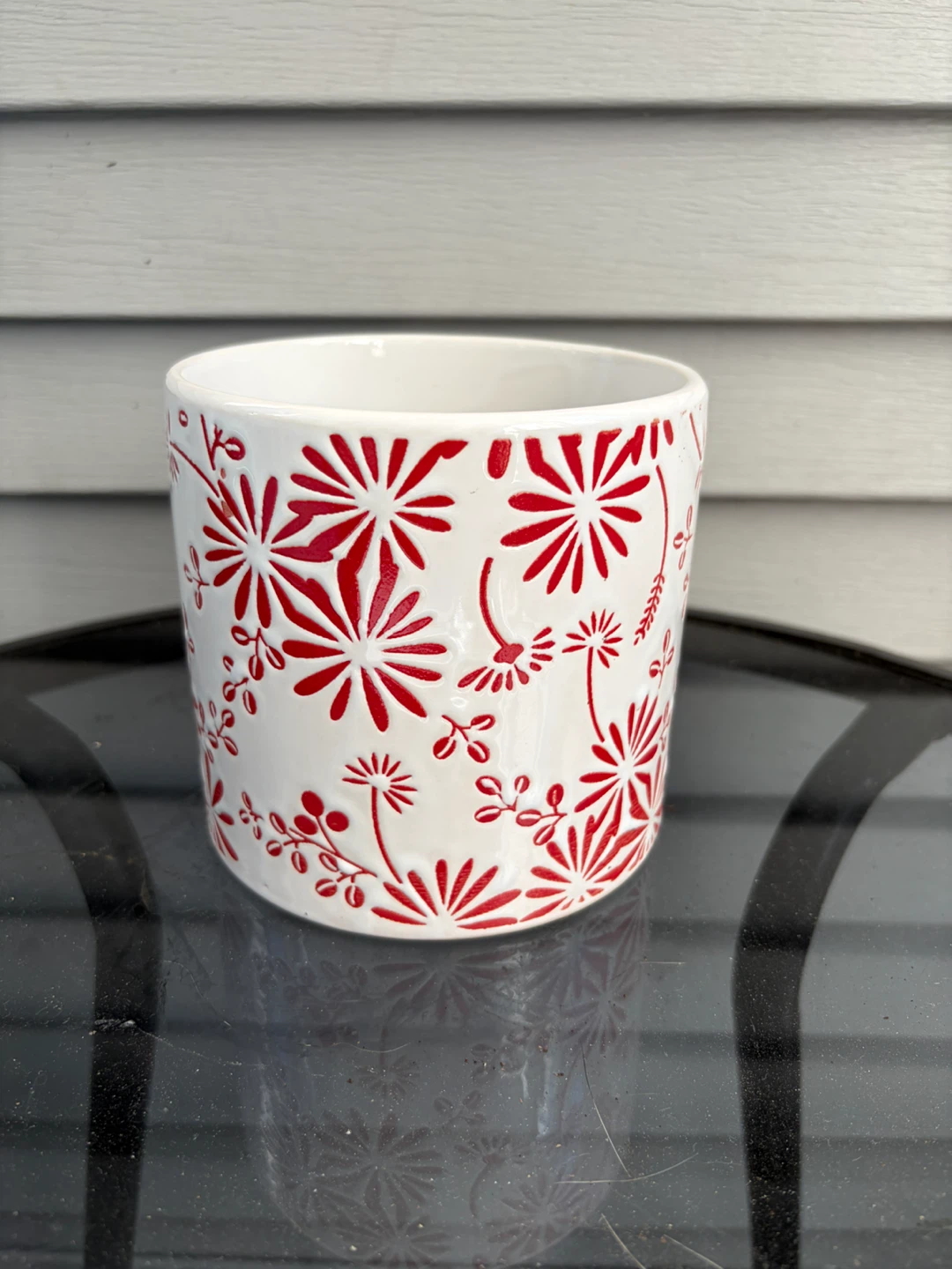 White Ceramic Planter Pot with Red Floral Design