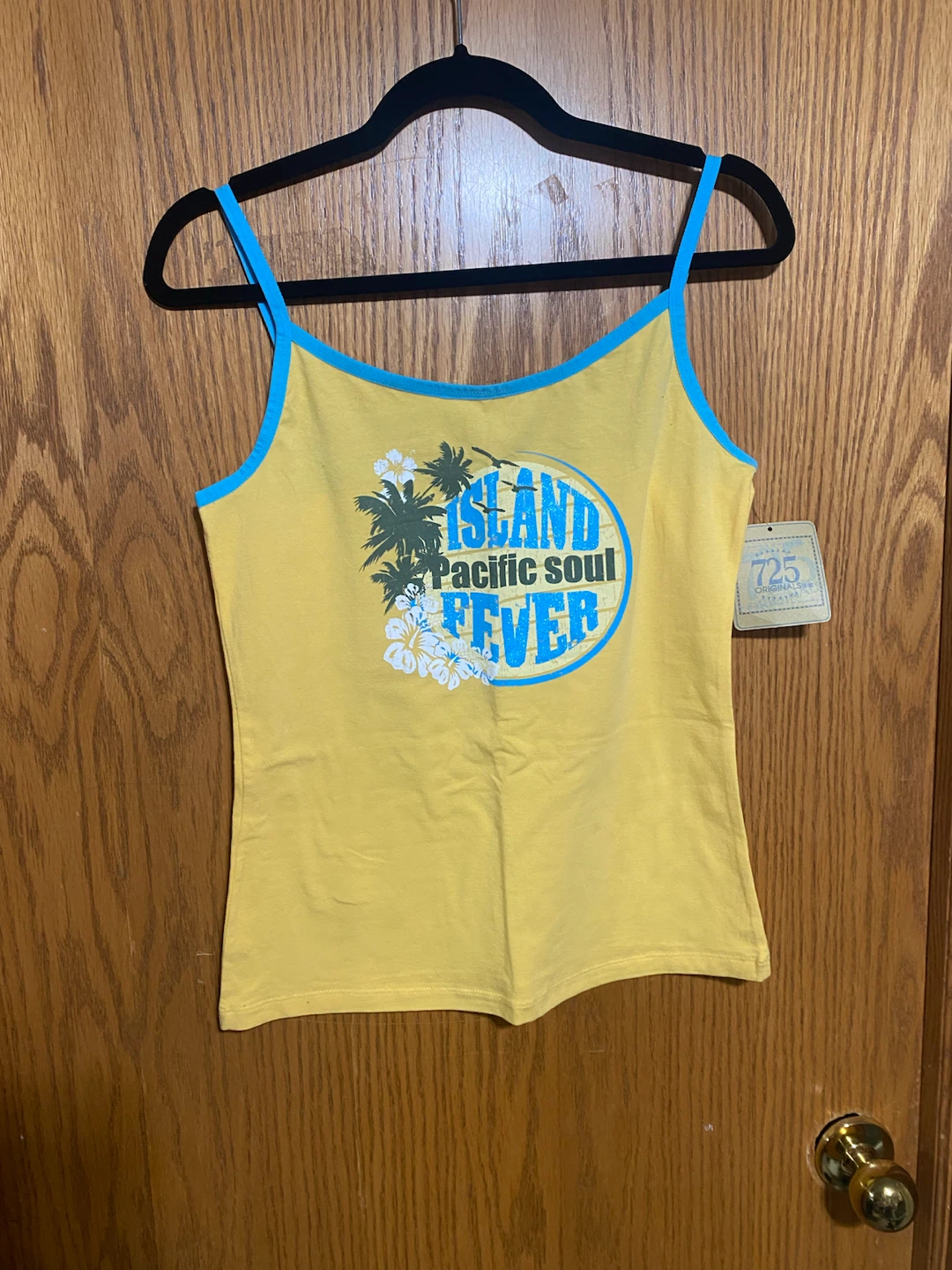Yellow Tank Top with Blue Trim and Island Graphic