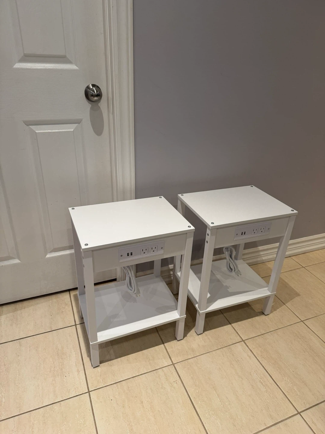 White End Table with Built-in Charging Station (Set of 2)