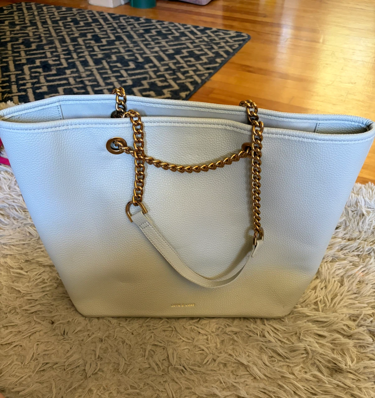 Light Blue Tote Bag with Gold Chain Detail
