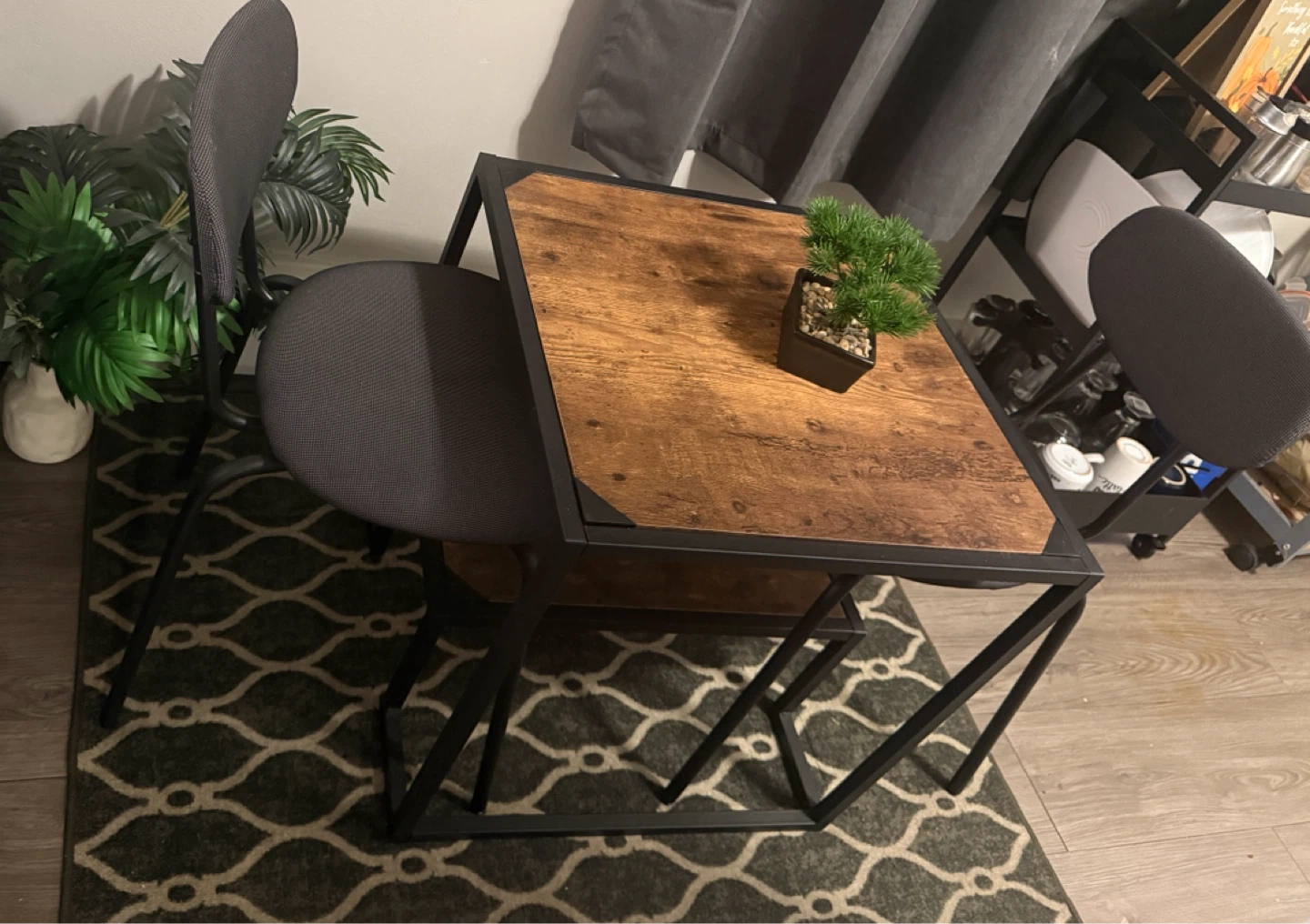 Rustic Wood Accent Table with Metal Frame , with 2 chairs