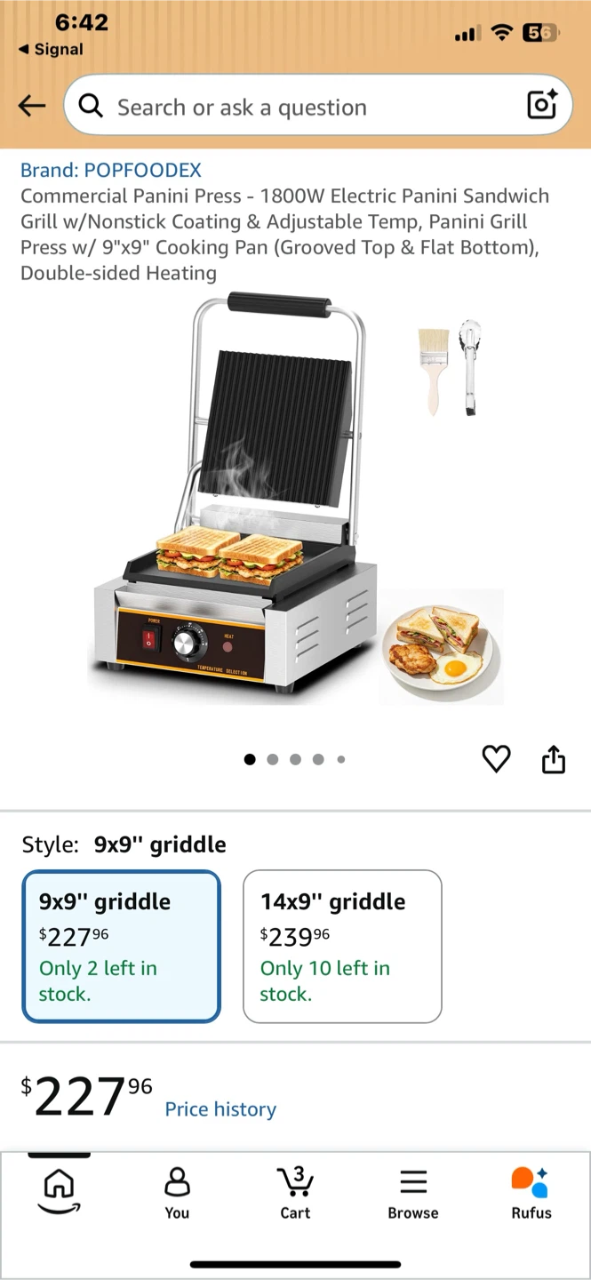 POPFOODEX 1800W Commercial Panini Press - 9"x9" Griddle