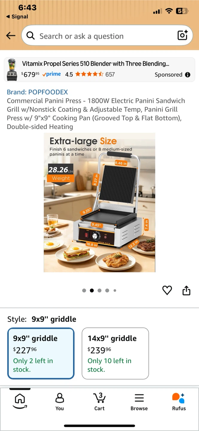 POPFOODEX 1800W Commercial Panini Press - 9"x9" Griddle - photo 2