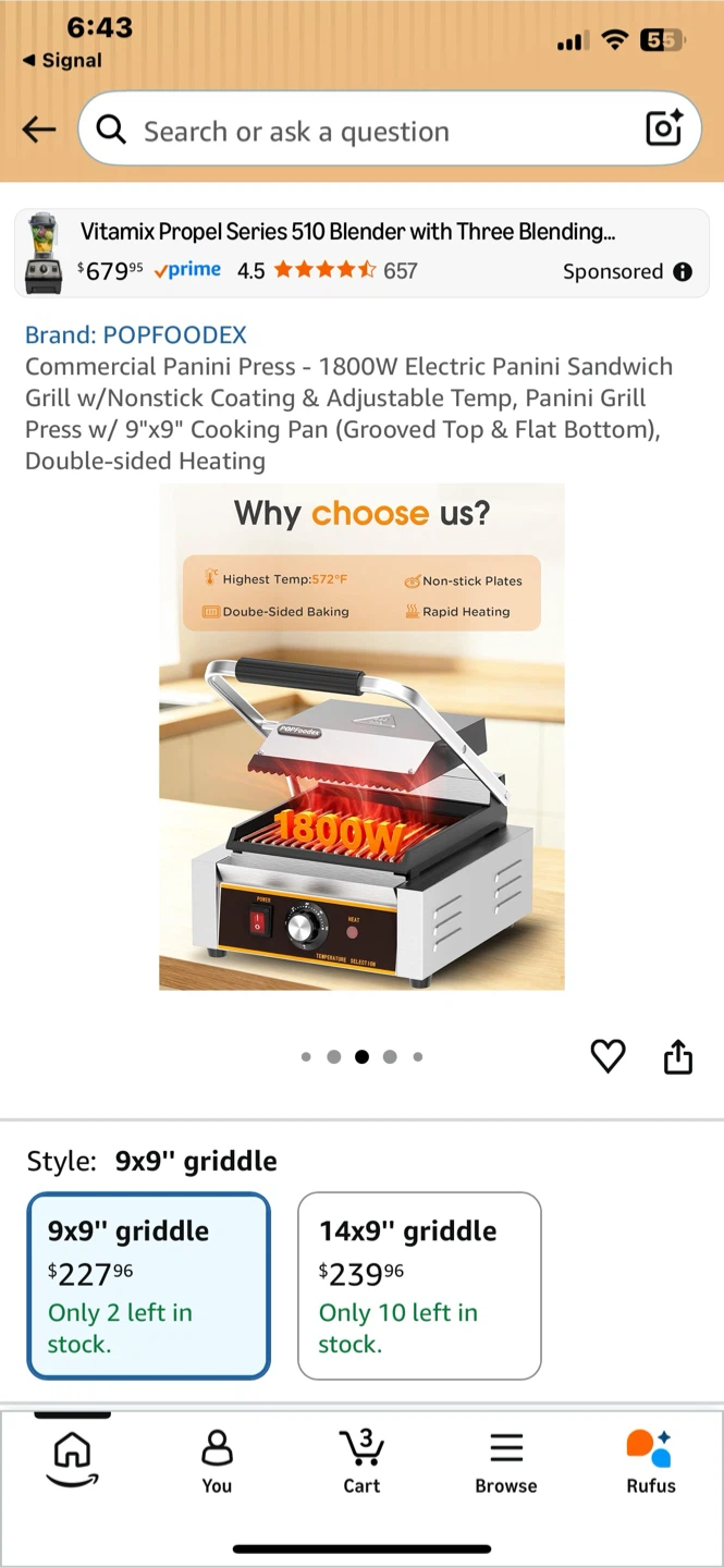 POPFOODEX 1800W Commercial Panini Press - 9"x9" Griddle - photo 3