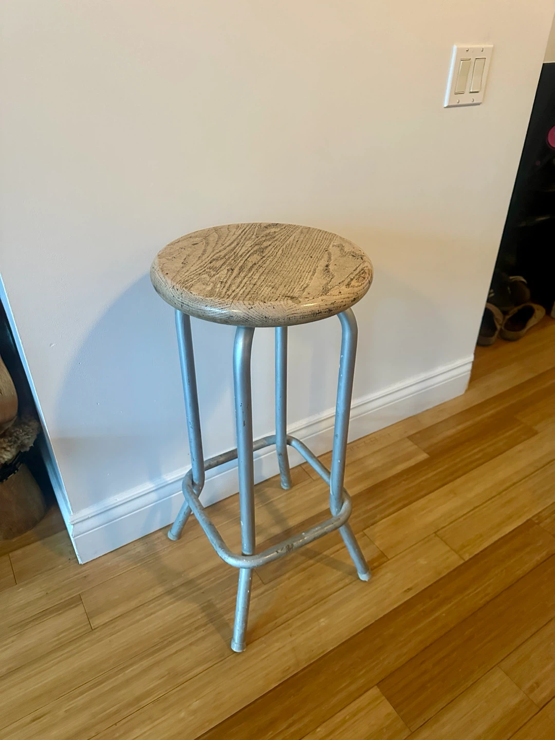 VINTAGE INDUSTRIAL STEEL OAK KITCHEN ISLAND BAR HEIGHT STOOL - photo 4