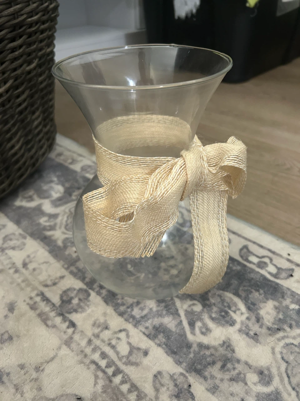 Glass Vase with Burlap Ribbon Accent
