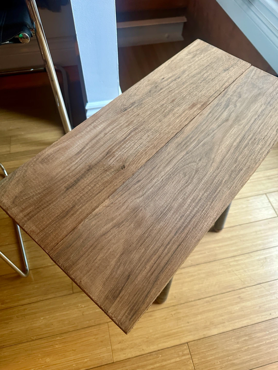 VINTAGE RECLAIMED WALNUT WOOD STEEL SIDE END COFFEE ACCENT TABLE - photo 2