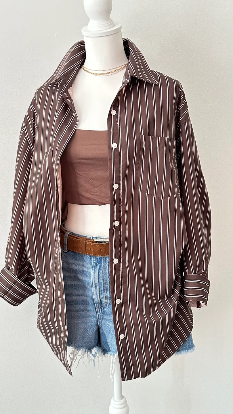 Striped oversized Shirt M-L brown with white stripes - photo 2
