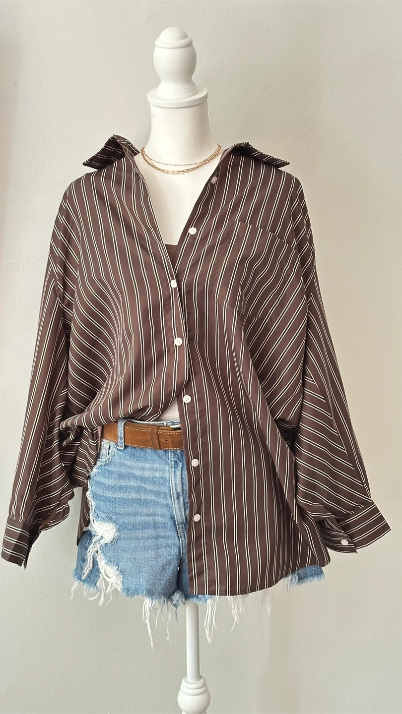 Striped oversized Shirt M-L brown with white stripes