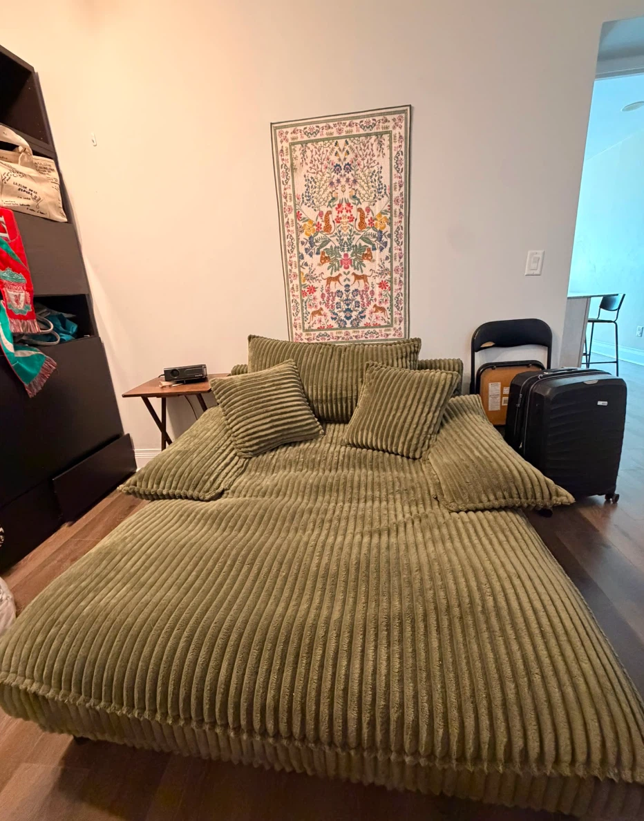Olive Green Corduroy Sectional Sofa with Pillows - photo 2