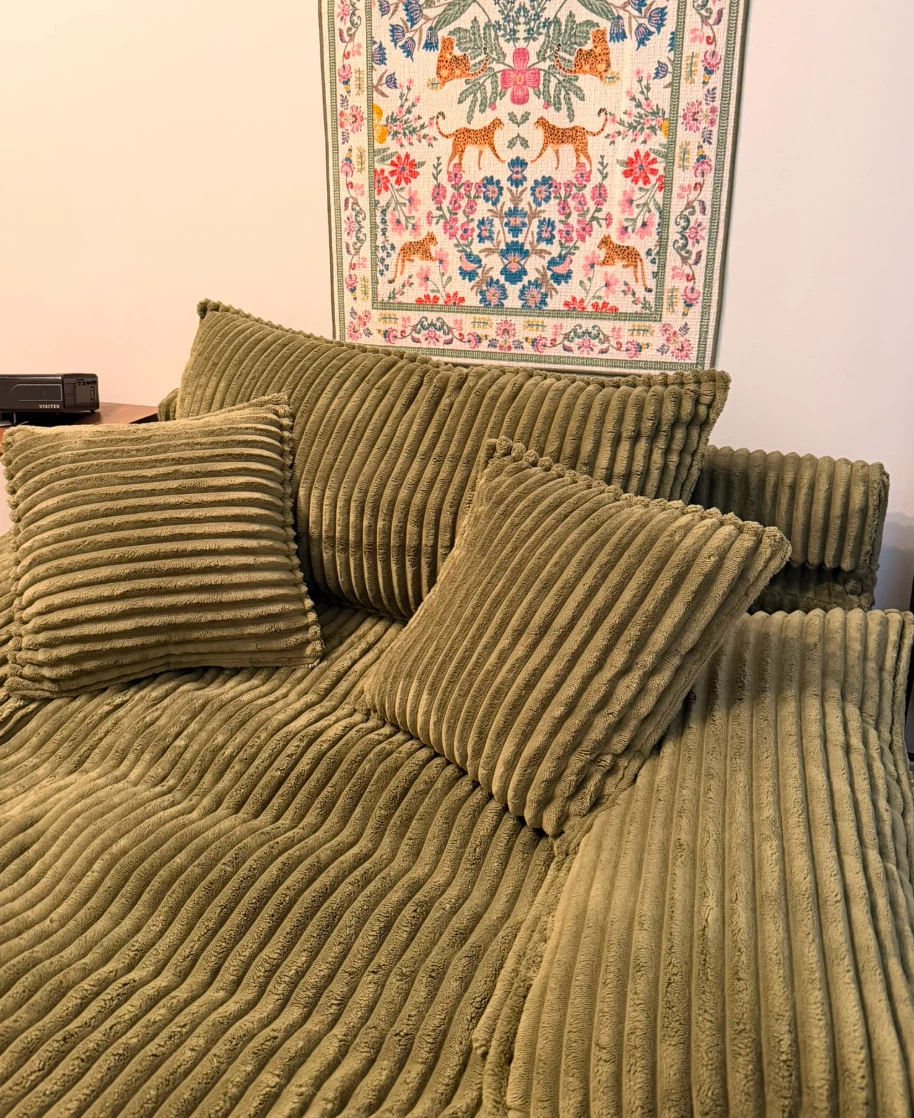 Olive Green Corduroy Sectional Sofa with Pillows - photo 3