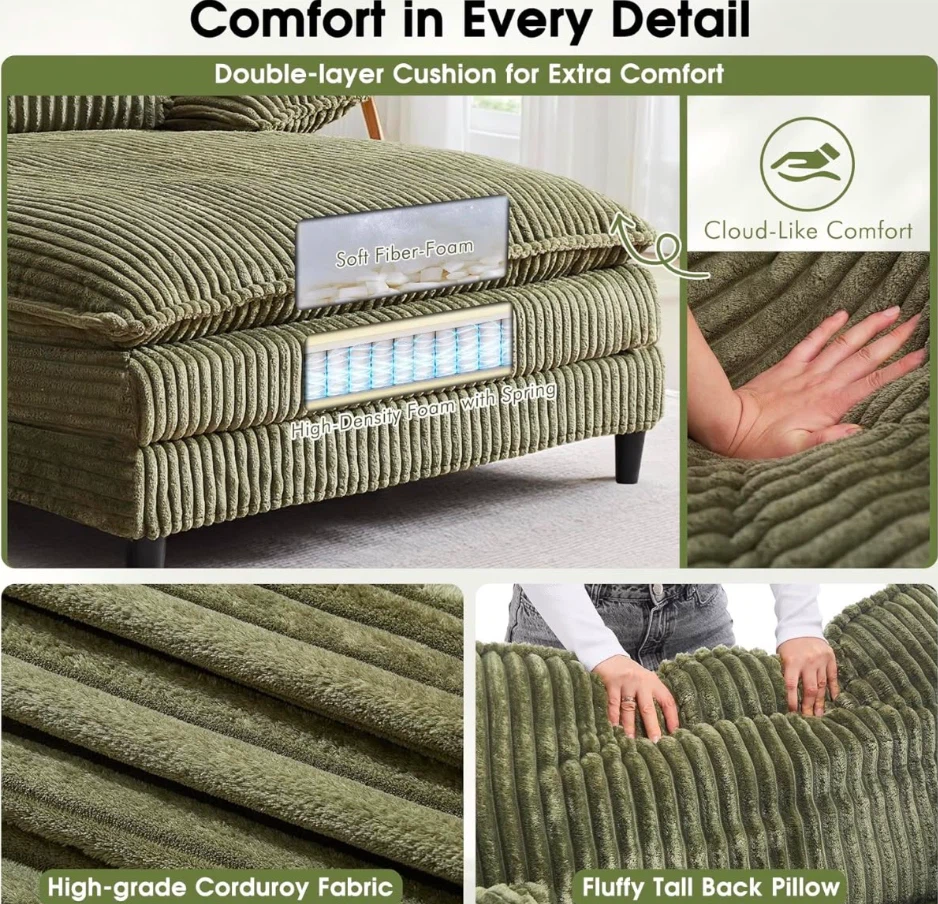 Olive Green Corduroy Sectional Sofa with Pillows - photo 4