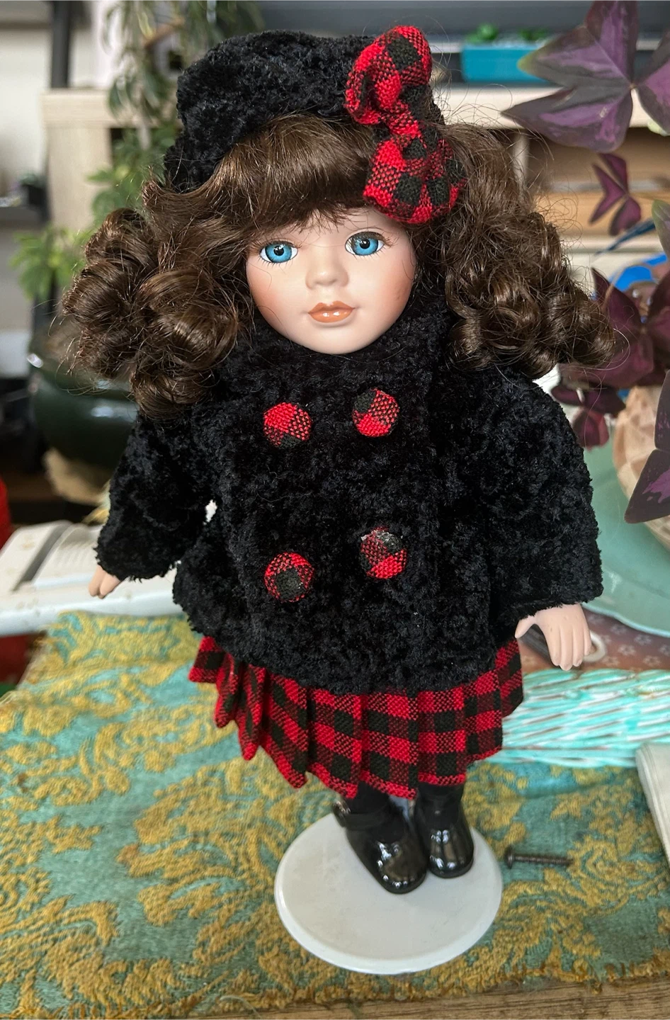 Decorative Doll in Black & Red Plaid Outfit