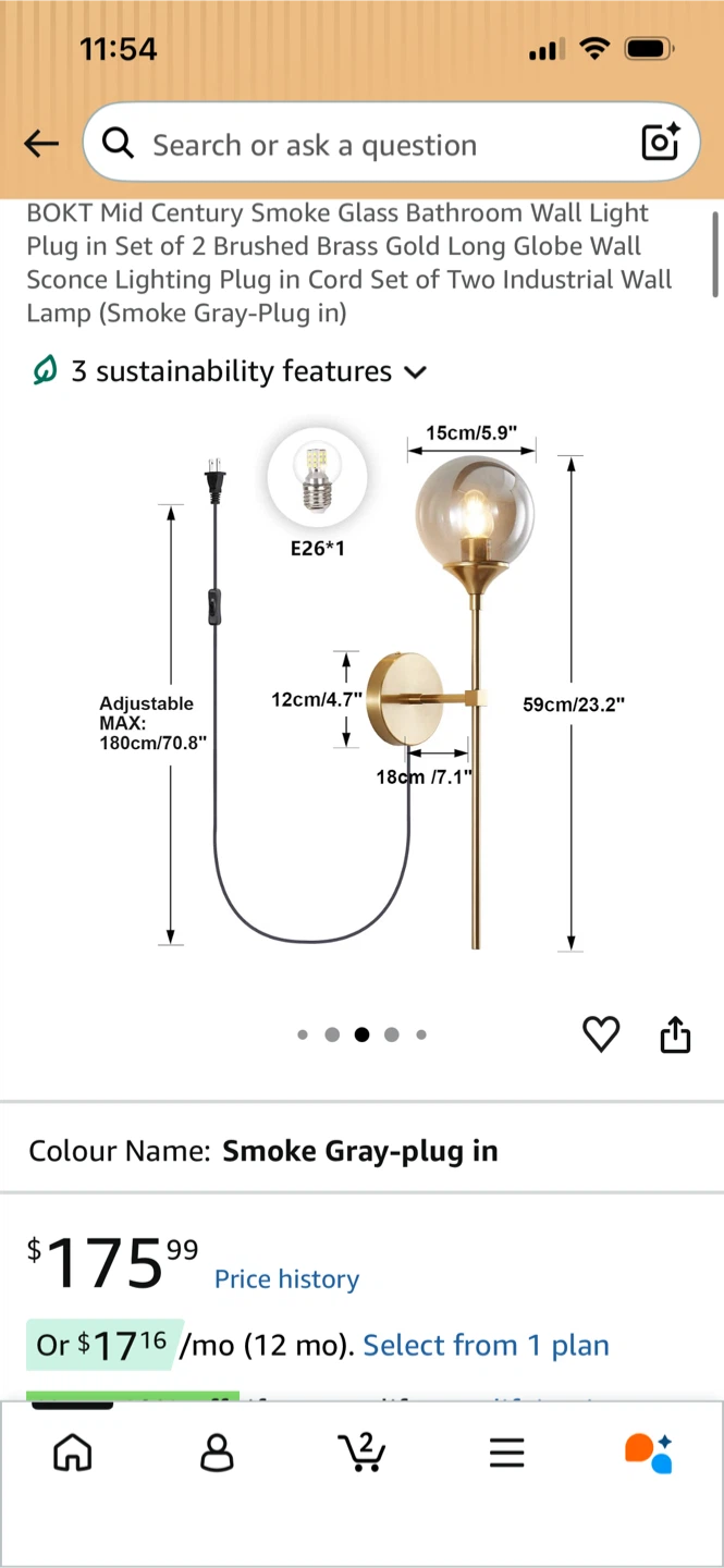 New-BOKT Mid Century Smoke  Wall Light Sconce - Set of 2