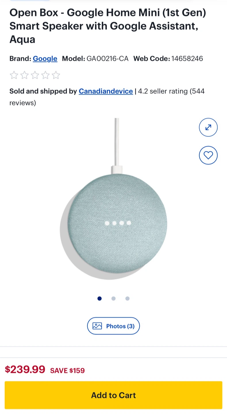 Google Home Mini (1st Gen) Smart Speaker - Aqua