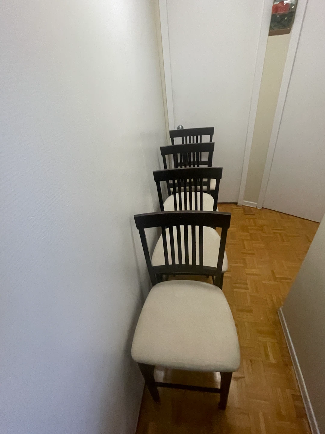 Set of 4 Dark Wood Bar Stools with Cream Upholstery