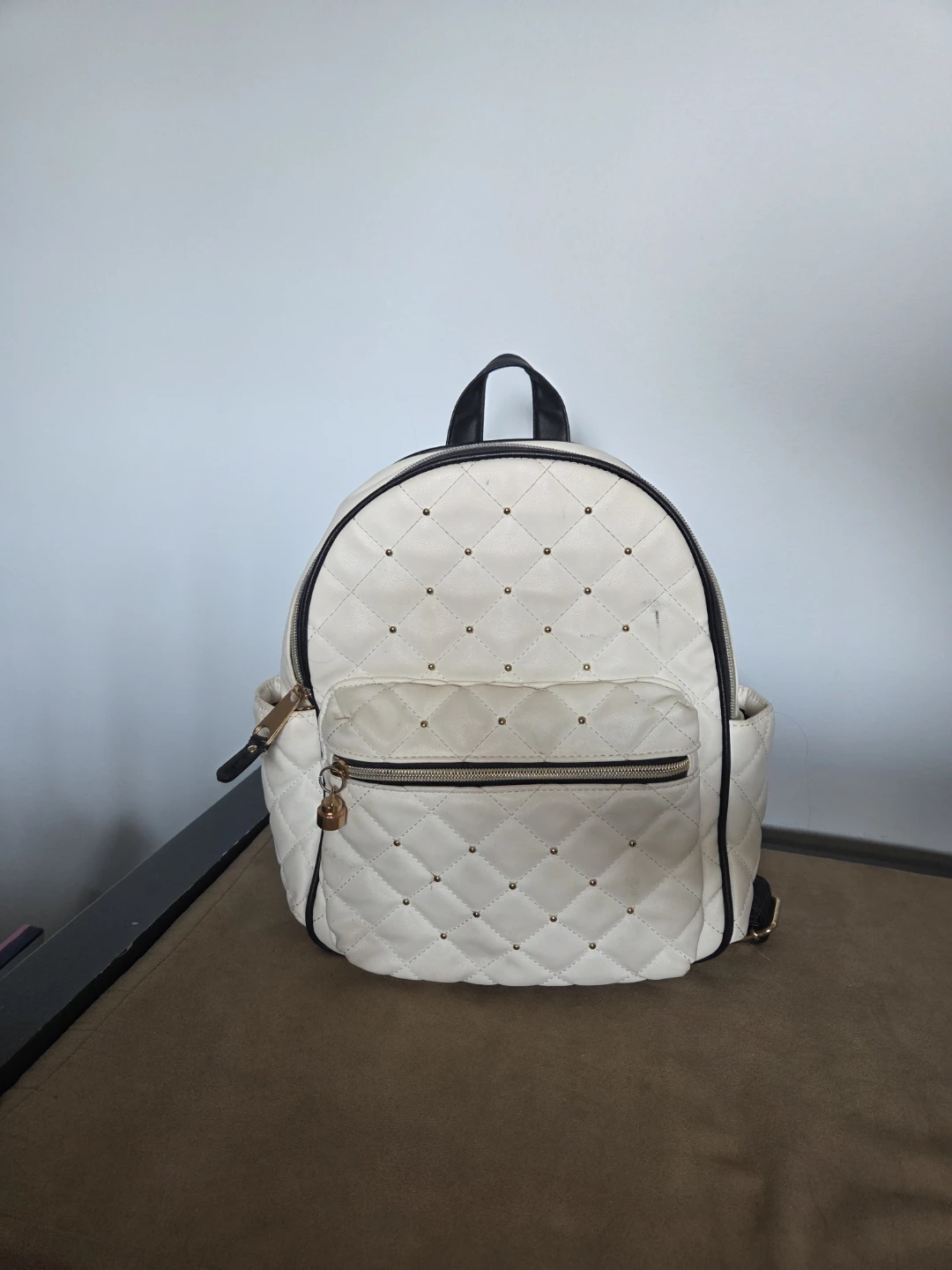 White Quilted Mini Backpack with Gold Studs