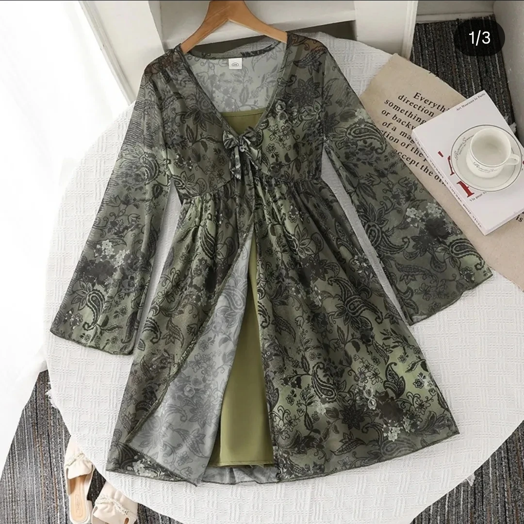 Green Floral Print Sheer Dress with Slip