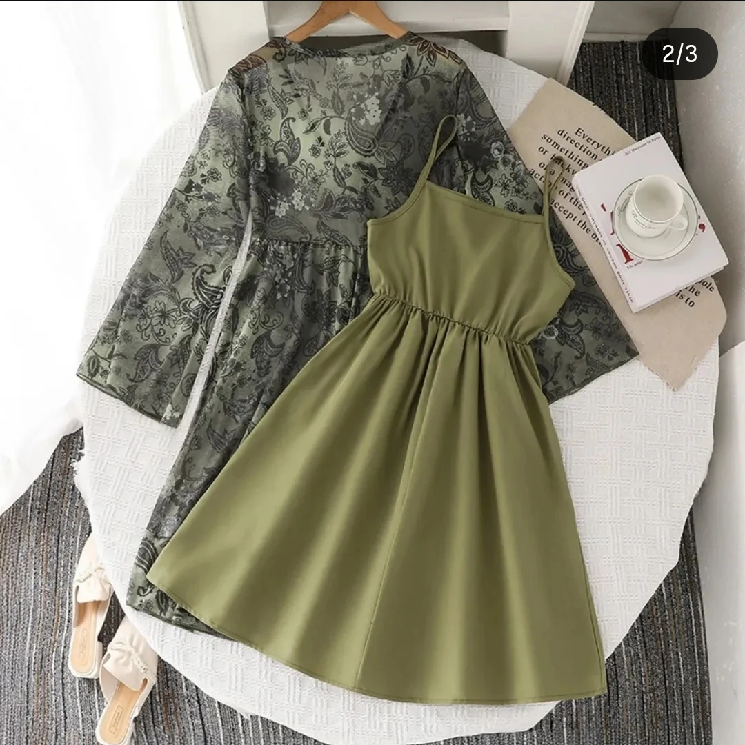 Green Floral Print Sheer Dress with Slip - photo 2