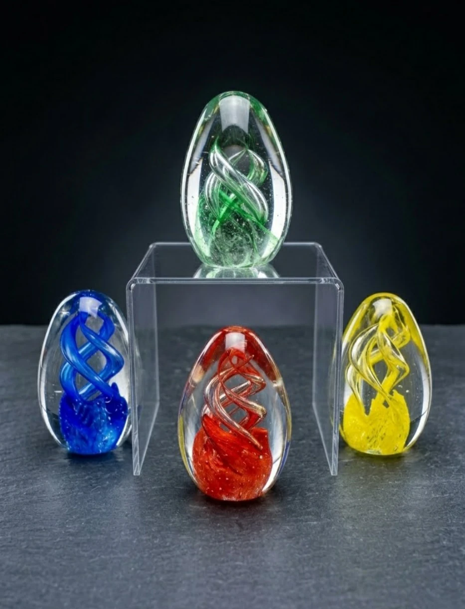 Set of 4 Glass Egg Paperweights - Blue, Yellow, Red, Green