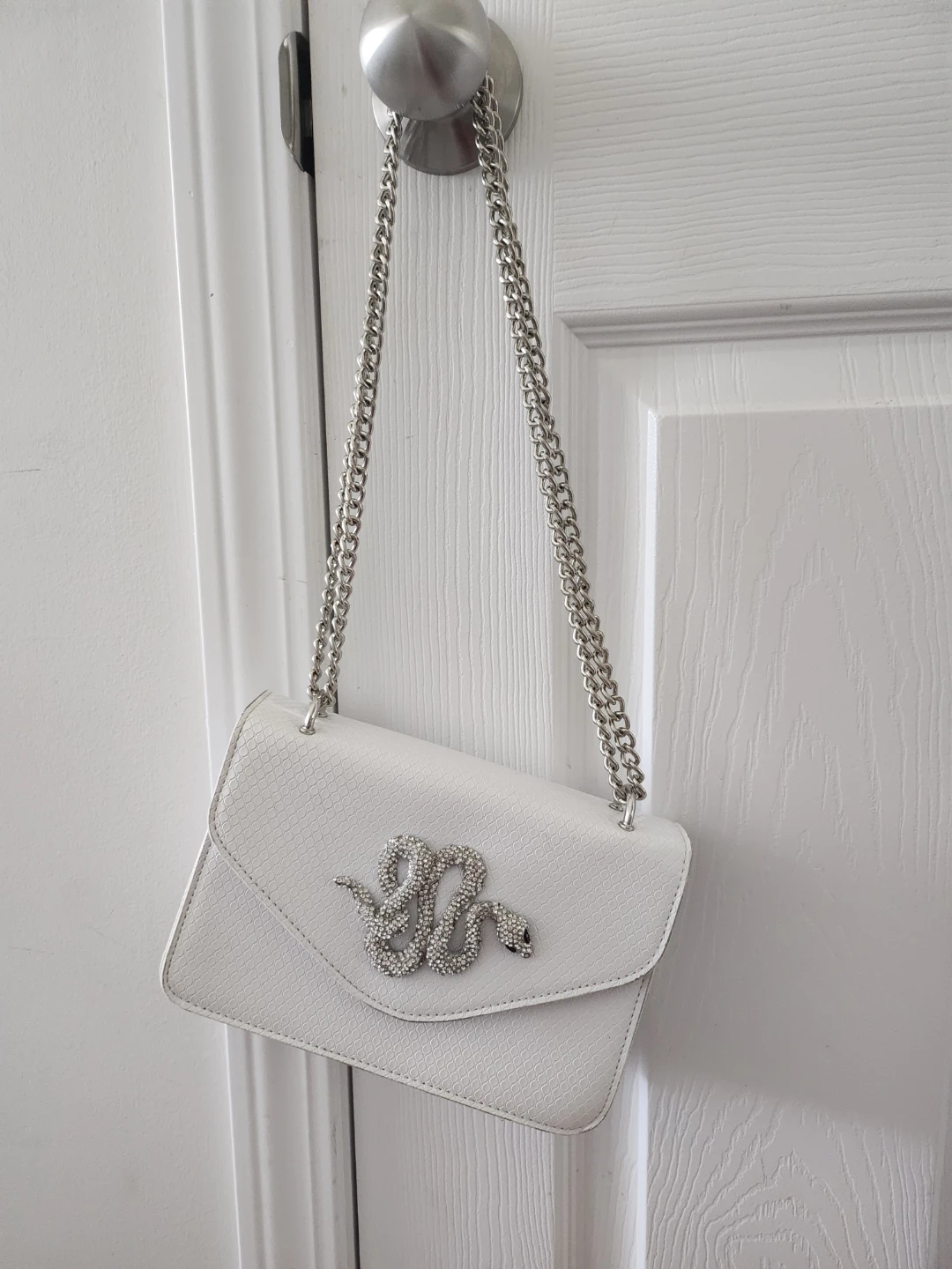 White Crossbody Purse with Snake Embellishment