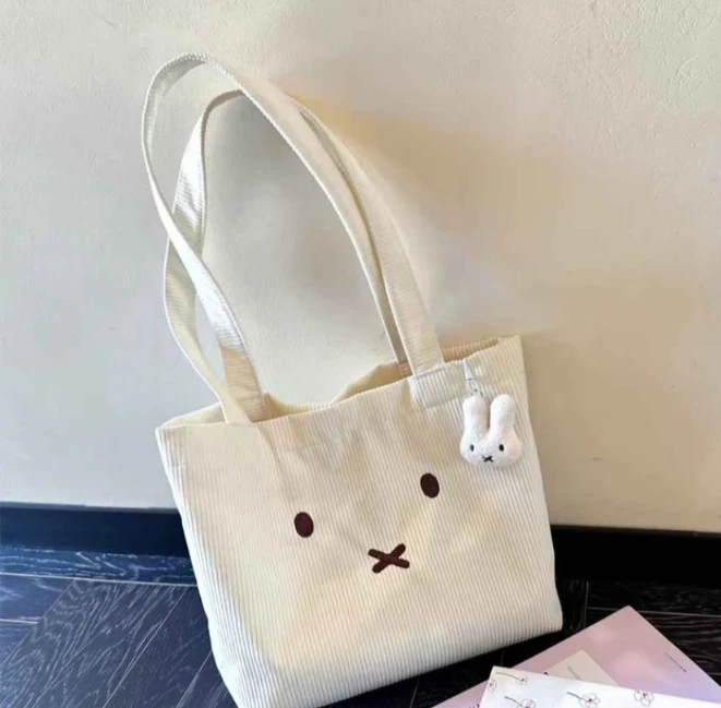 New Cream Corduroy Miffy Tote Bag with Charm keychain