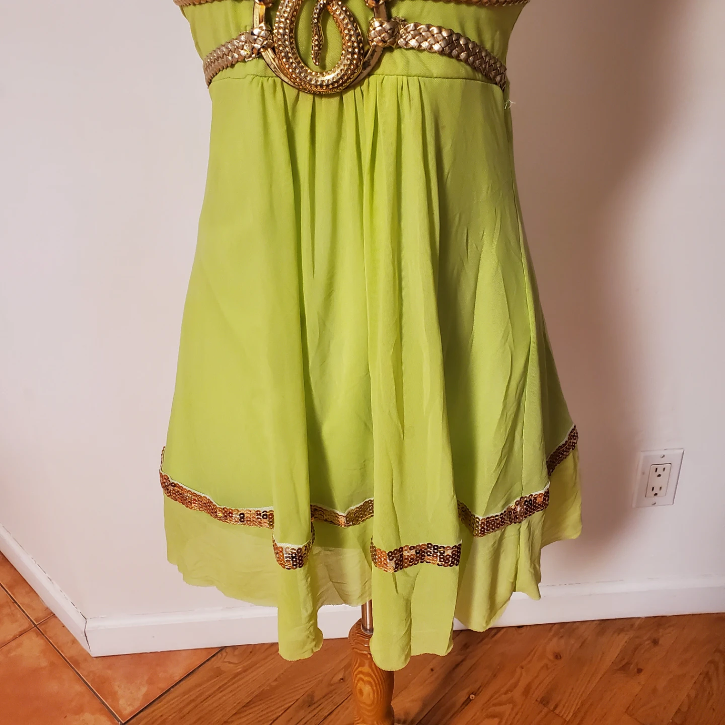 Lime Green Embellished Mini Dress with Gold Accents - photo 2