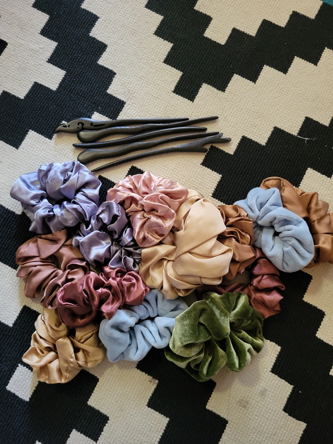 Lot of 13 Satin and Velvet Scrunchies with Hair Sticks