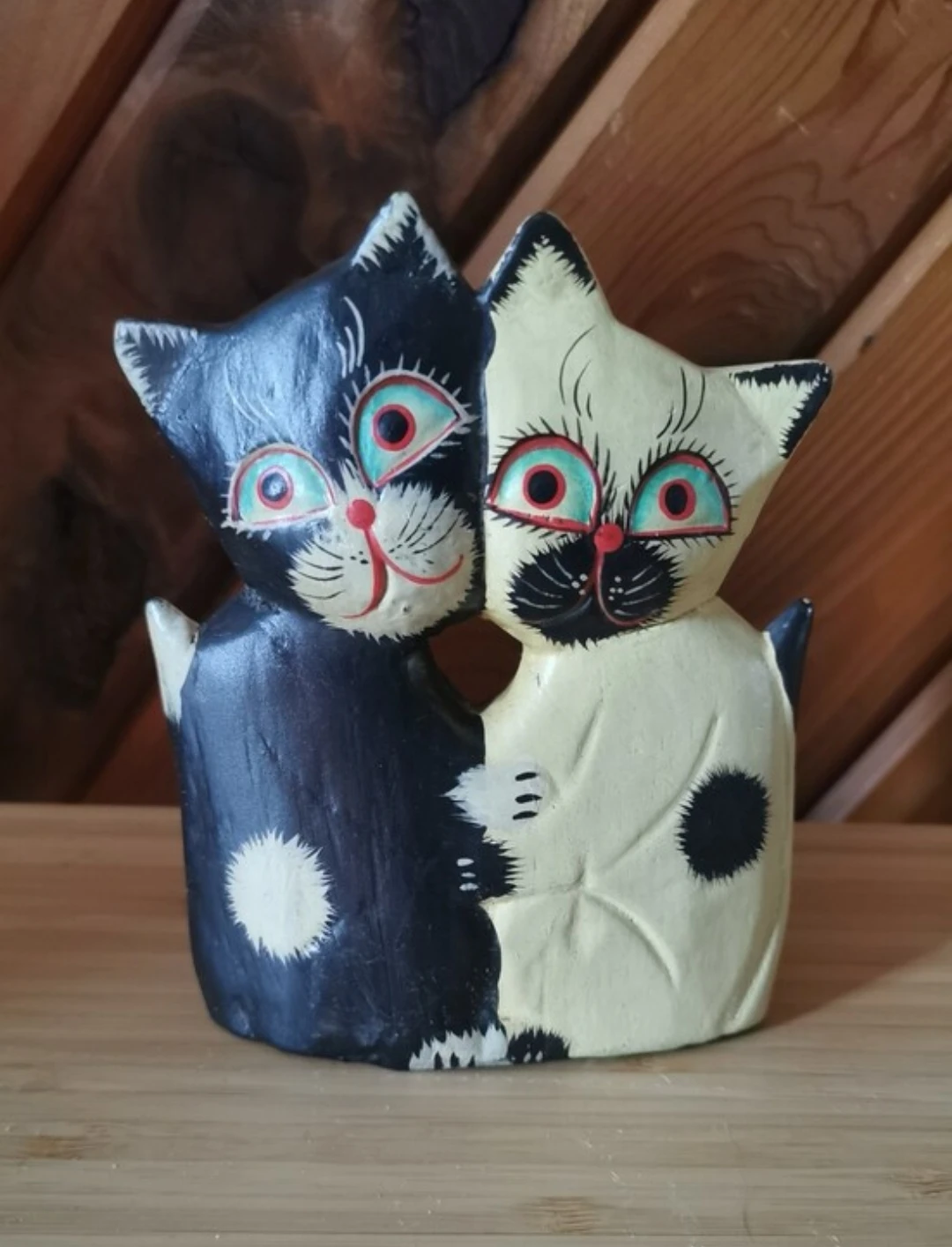 Vintage Hand Carved Hugging Cats Figurine Wooden Folk Art