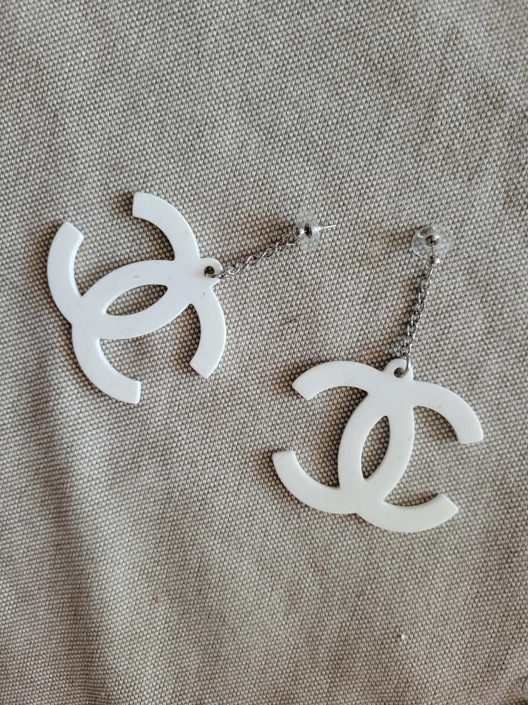White CC Dangle Earrings