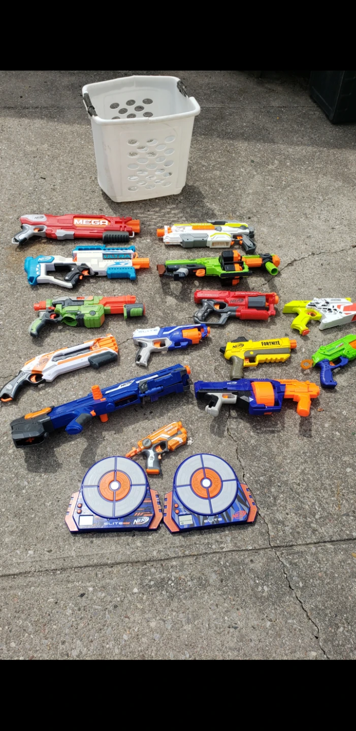Assorted Nerf Blasters and Targets
