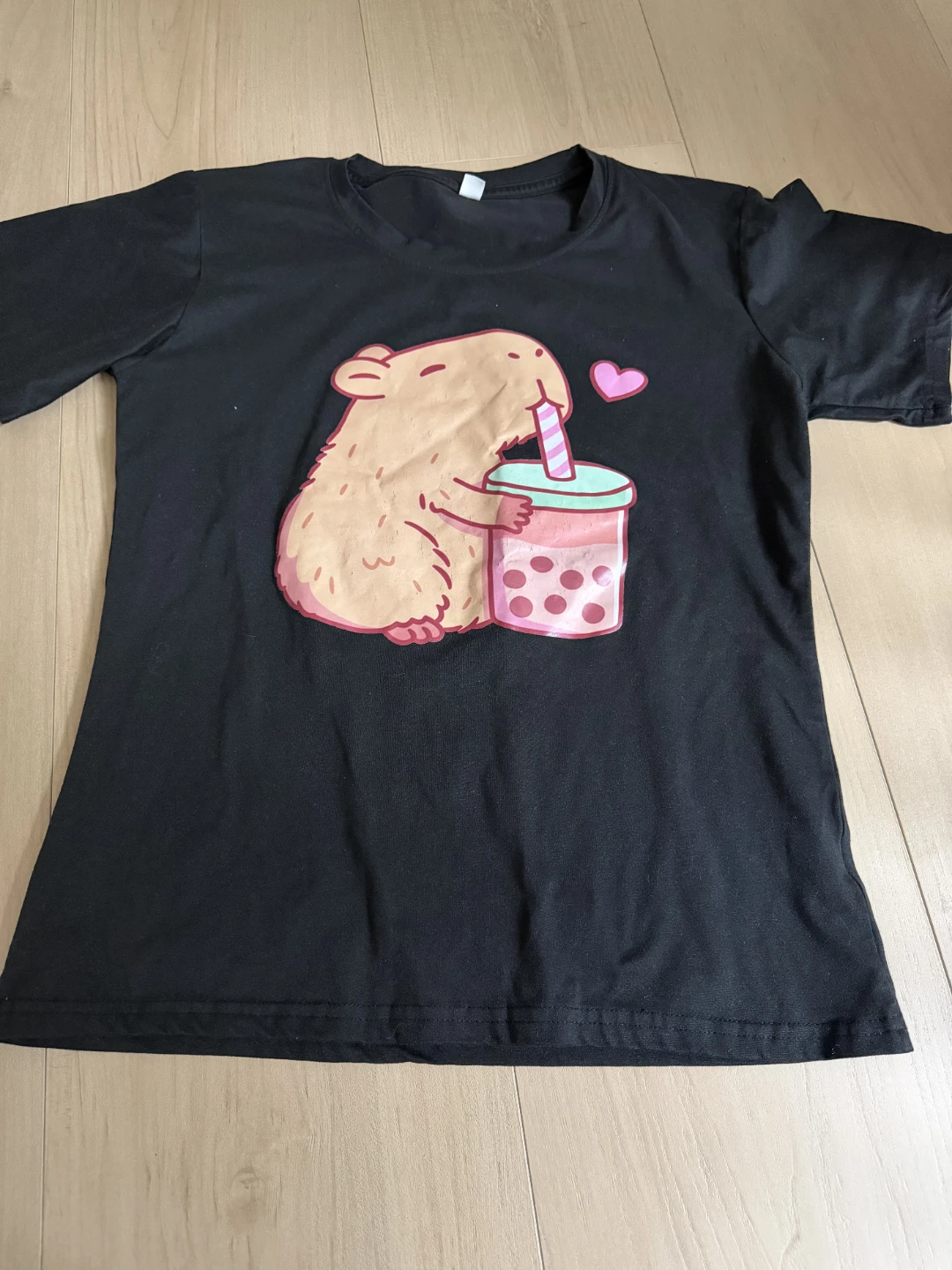 Black T-Shirt with Capybara Bubble Tea Graphic