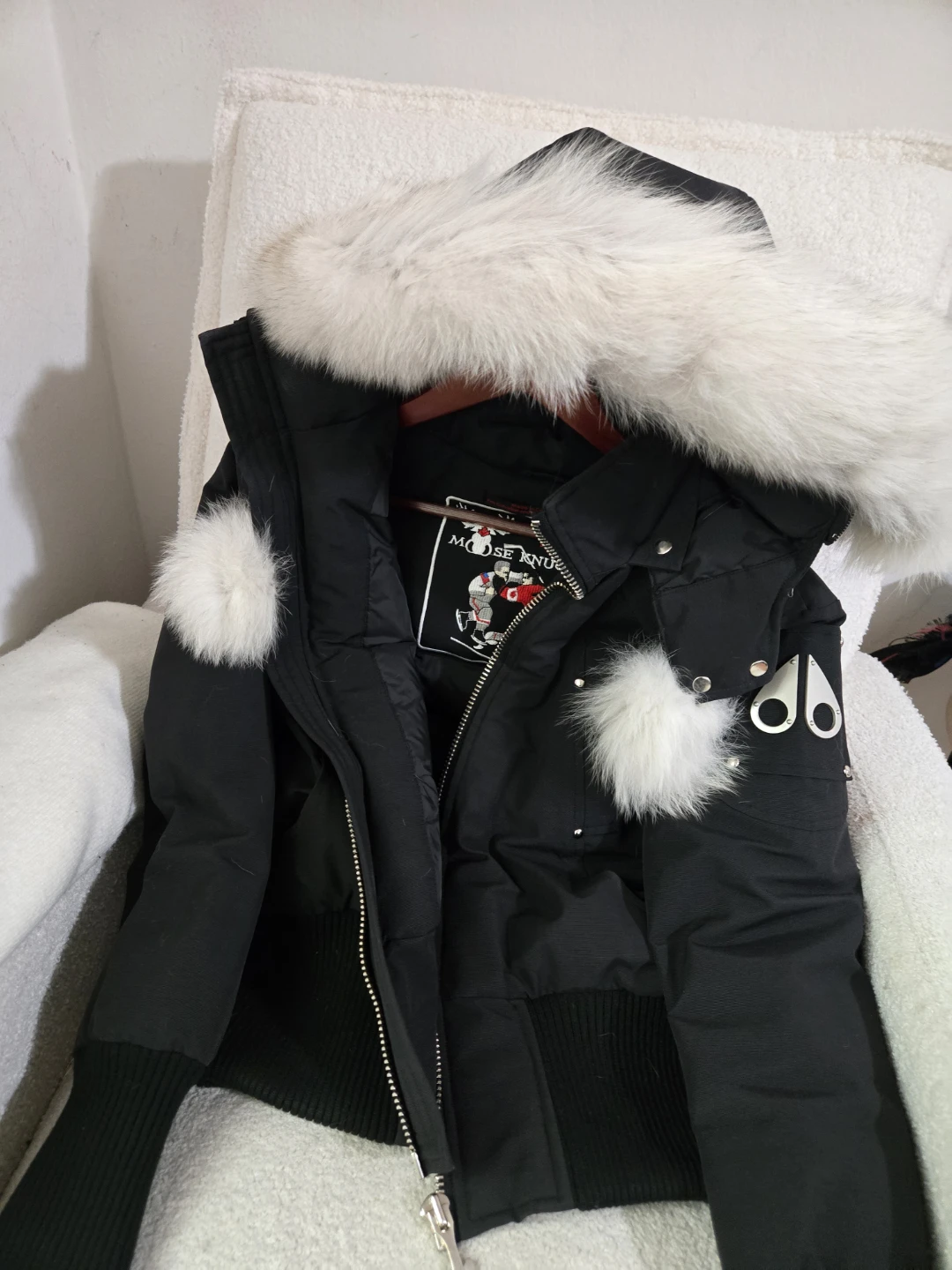 Moose Knuckles Black Puffer Jacket with Fur Hood