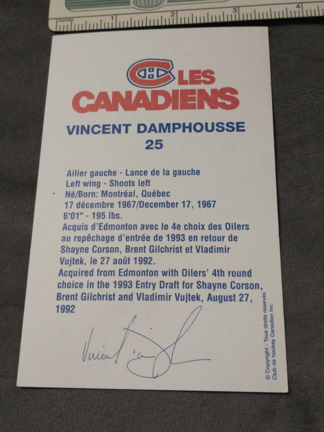 NHL Montreal Canadiens Vincent Damphousse Team Postcard - photo 4