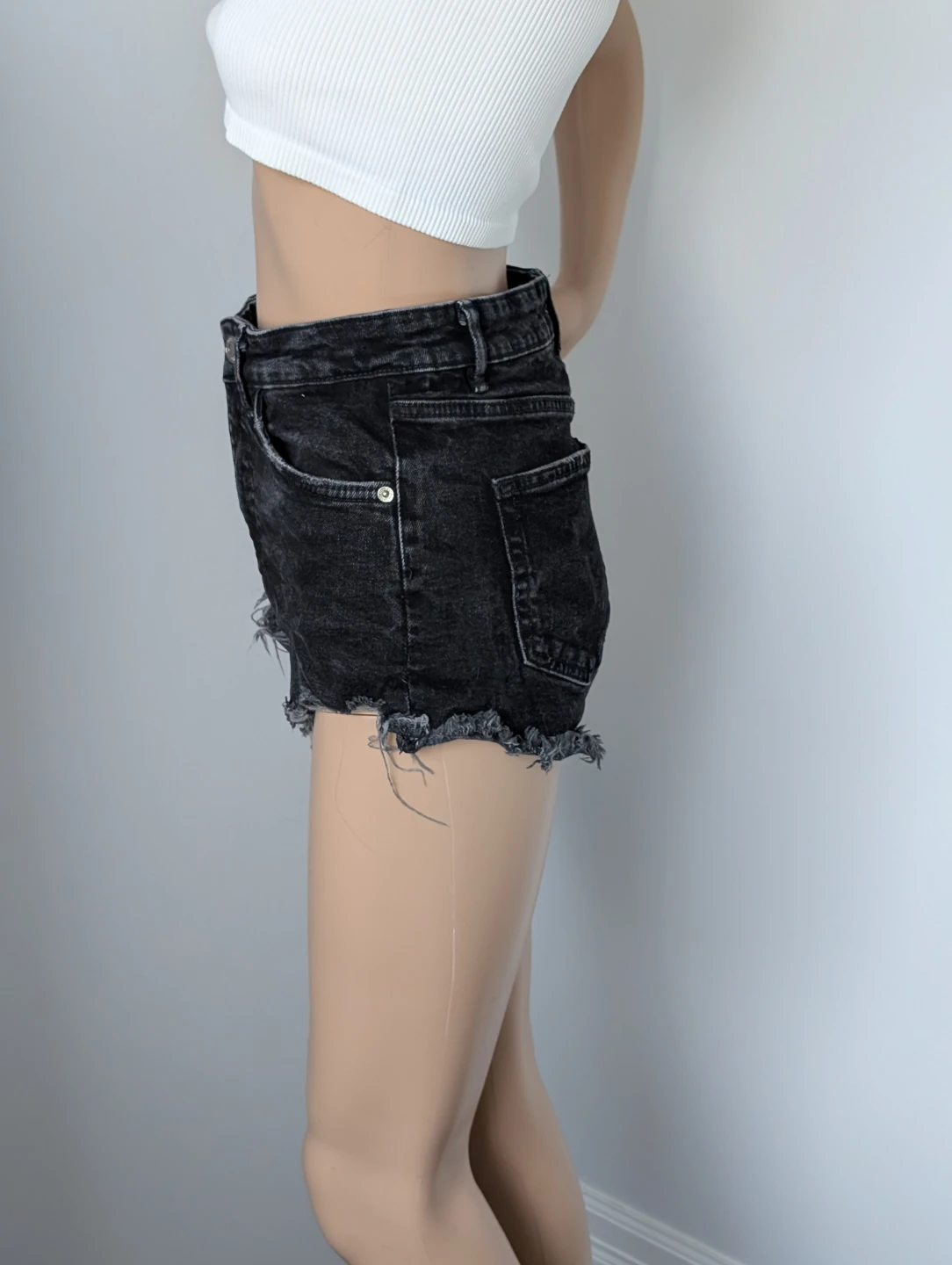 ZARA Black Denim High Waisted Distressed Cut-off Shorts - photo 2