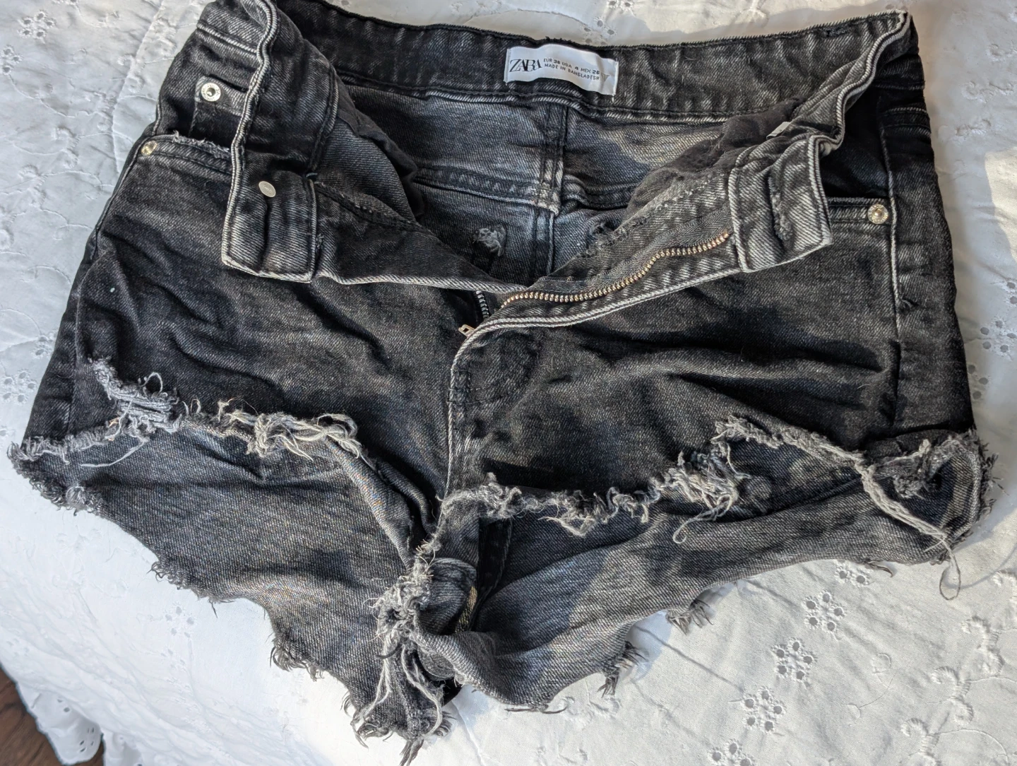 ZARA Black Denim High Waisted Distressed Cut-off Shorts - photo 5