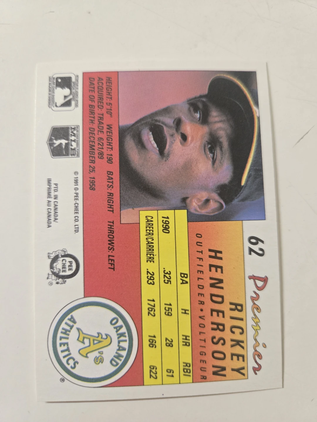 1991 O-Pee-Chee Premier Rickey Henderson Baseball Card - photo 2